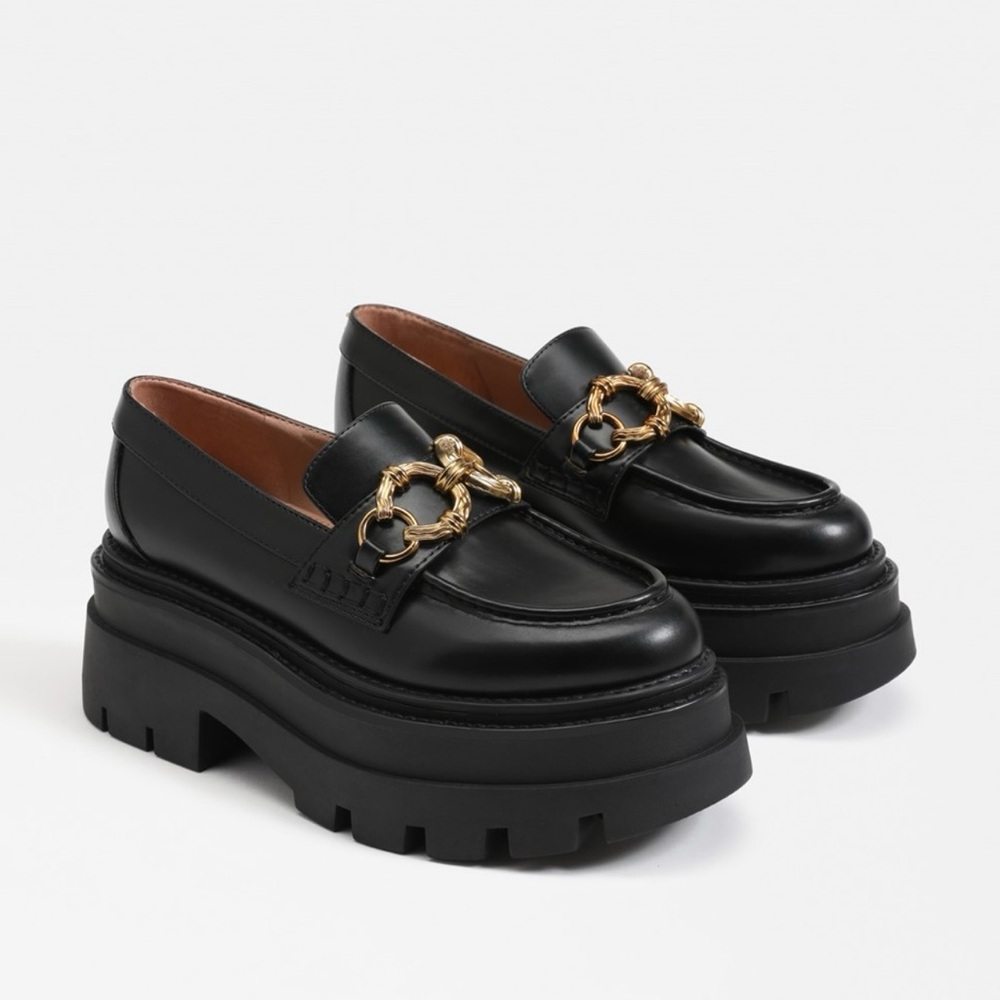 Black Leather Loafers with Gold Accent
